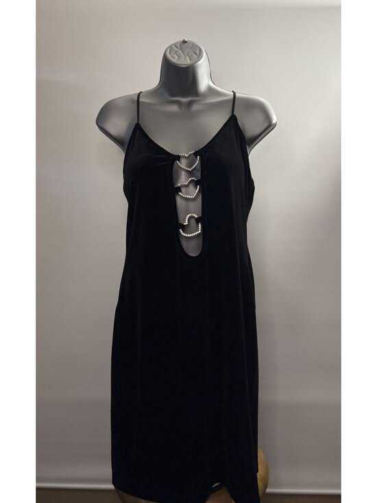 Shein Dresses & Skirts - SHEIN Black Velvet Mini Sexy Rhinestone Heart Cutouts Spaghetti Straps Dress